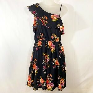 Monteau | One Shoulder Black Floral Dress